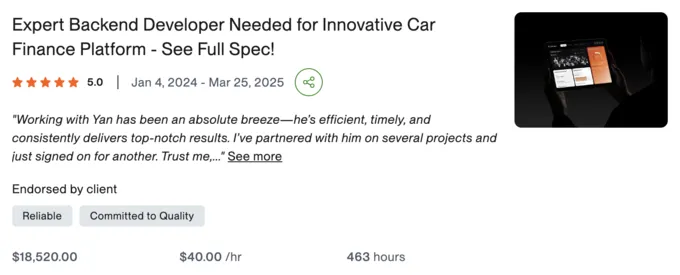 Скриншот відгуку на Upwork: Фінтех-платформа для авто
