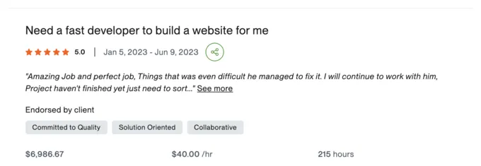 Скриншот відгуку на Upwork: Розробка сайту